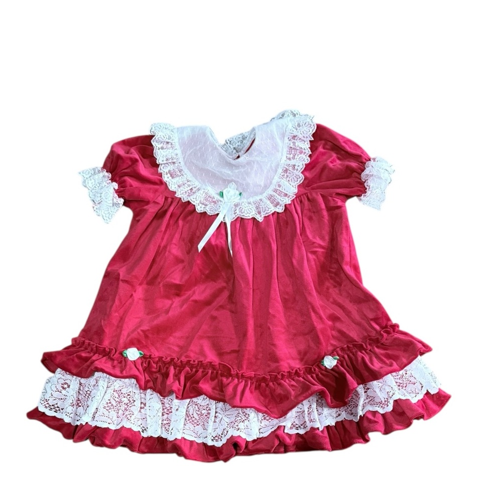 Vintage girls dress holiday Red‎ velvet White lace 6X